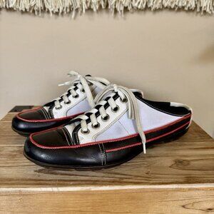 90s Vintage Donald J. Pliner Black White Leather Rubber Sole Mule Shoe Size 8.5